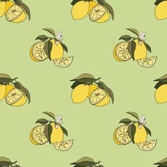 Papier peint Citrons Citrons jaunes avec morceau sans couture doodle agrumes bio fruits d& 39 été vecteur eps motif sur fond vert.