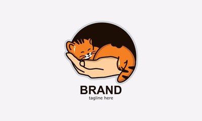 illustration of a sweet kitten sleeping on his hand, on a white background.
