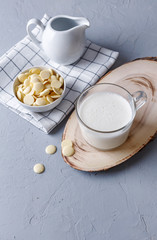 A cup of white hot chocolate on a wooden stand on a gray background. Keto drinks. Top view and copy space.
