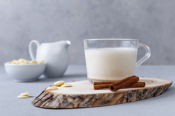 A cup of white hot chocolate and cinnamon sticks on a wooden stand on a gray background. Keto drinks.