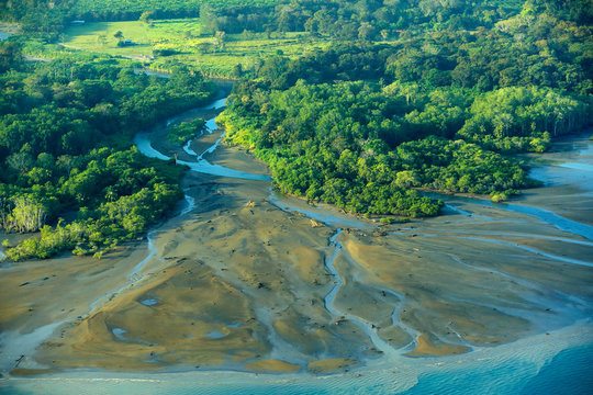 River in tropic Costa Rica, Corcovado NP. Lakes and rivers, view from airplane. Green grass in Central America. Trees with water in rainy season. Photo from air.