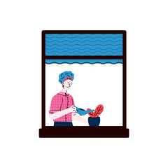Cartoon woman caring for indoor plants in window frame sketch vector illustration.