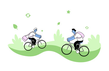 Fototapeta na wymiar Two men riding bicycles on green background. Environmental problems, concern concept. Cartoon flat vector illustration. Isolated on white background.