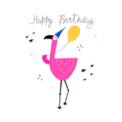 Happy birthday. cartoon flamingo, hand drawing lettering with decorative elements. Colorful holiday illustration. flat style, calligraphic font, phrase. Design for greeting cards, print.