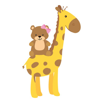 cute giraffe with teddy bear female isolated icon vector illustration design
