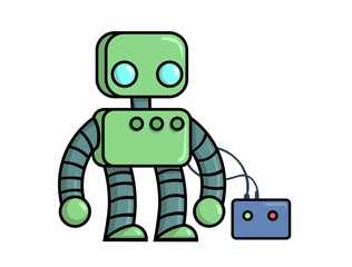 Mechanical cartoon robot charging battery. Cartoon flat vector illustration. Isolated on white background.