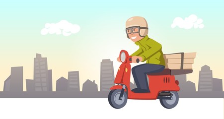 Pizza delivery guy riding red scooter on city landscape. Cartoon flat vector illustration. Horizontal.