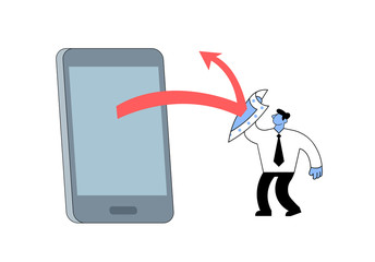 Businessman blocks red arrow coming from a smartphone. Internet block, anti-spam concept. Cartoon flat vector illustration. Isolated on white background.