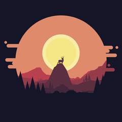 deer in the hill with moonlight flat design vector illustration 