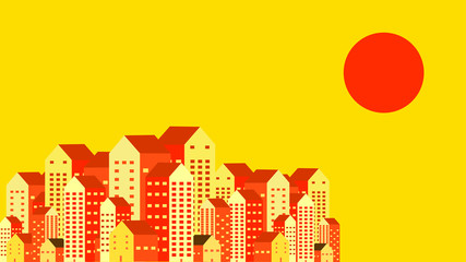 city/urbanscape flat design vector illustration. city flat background at afternoon,  scene about city with red sun and bulding, can use for wallpaper, global warming, pollution issue, thermal, poster