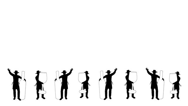 Eight black and white silhouettes of an ultra-Orthodox Jewish Hasidic figure. Dancing with a huge bottle of white wine. And with a huge glass of wine. Suitable for Jewish holidays, wedding banner