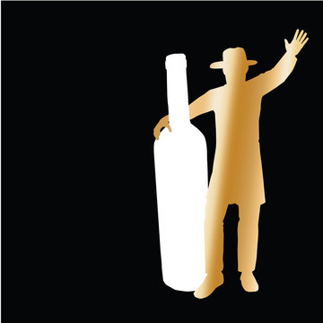 An ultra-Orthodox Jewish man in gold color dancing with a bottle of wine. Painted white. On a black background. Vector drawing for Purim for Passover and any joy