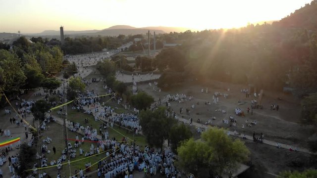 Aerial footage over Ethiopian Timkat Ceremony Gathering at sunset Drone view over Ethiopian Timkat Ceremony Gathering at sunset, Axum, Ethiopia,19.1.2020