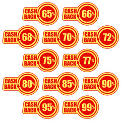 Cashback sixty five - ninety nine percent, icon set. Concept for sticker, tag, label, infographic element. Vector illustration.