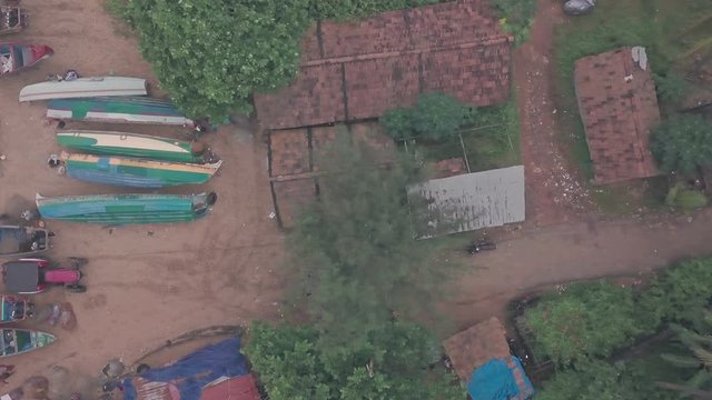 Traditional fishing village in Varkala, India. Top down aerial drone view