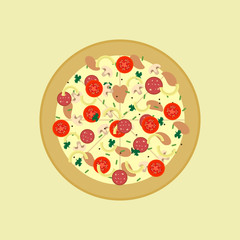 Whole pizza flat design. Fast food pizza dinner in cafe or restaurant, tasty fast food. Street junk meal and unhealthy fast food cartoon style. 