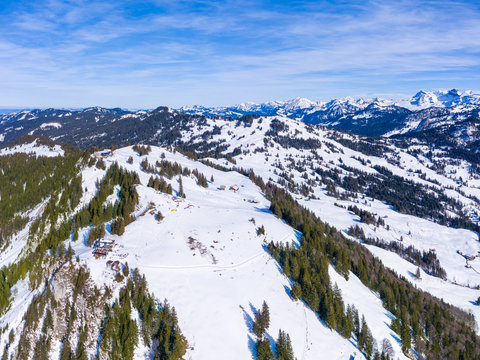 Panorama aerial view of the Alps of Mythen mountain range in central Switzerland.