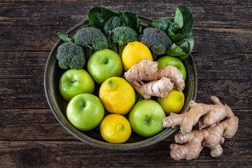 Many healthy foods on the rustic table for diet