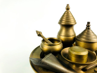 Close up Chian-Mark; ancient brass set of thai betel-contained tray, isolated on white background