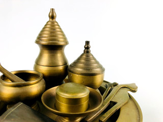 Close up Chian-Mark; ancient brass set of thai betel-contained tray, isolated on white background