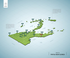 Stylized map of Papua New Guinea. Isometric 3D green map with cities, borders, capital, regions. Vector illustration. Editable layers clearly labeled. English language.