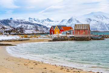 idyllic winter landscape on Sommarøy Archipelago in northern Norway, near Tromsoe