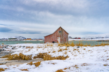 idyllic winter landscape on Sommarøy Archipelago in northern Norway, near Tromsoe