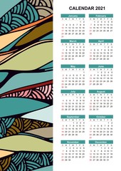 2021 Calendar. Vector template with hand drawn abstract wavy pattern.