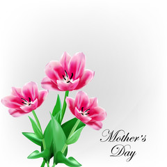 Obraz premium Happy Mothers Day lettering. Mothers day greeting card with Blooming Tulip Flowers. Vector illustration EPS10