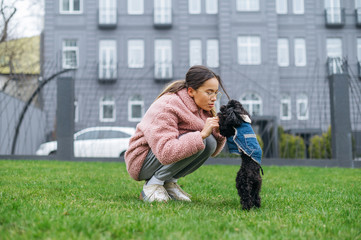Fototapeta premium Attractive lady playing with her dog sitting on the lawn against the background of architecture, wearing a pink coat. Cute woman having fun with a dog on a walk. Weekend with your pet.