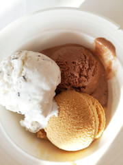 Delicious ice cream closeup in white plate