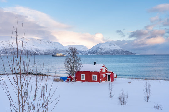 Icebreaker on the Grotsund fjord, north of Tromso, northern Norway