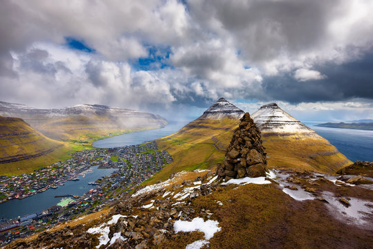 View from the Klakkur mountain over the city of Klaksvik on Faroe Islands