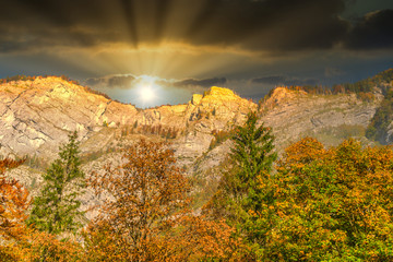Fototapeta na wymiar Sunset over Cliffs in the Mountains of Slovenia