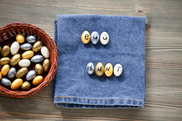 Close up of multicolored chocolate easter eggs for egg hunt