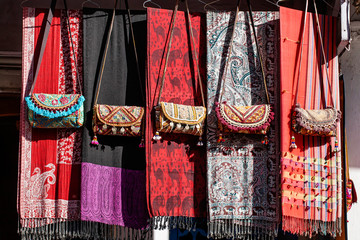 Traditional Indian clothes and accessories market at Udaipur city, Rajasthan, India