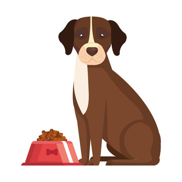 cute dog with dish food isolated icon vector illustration design