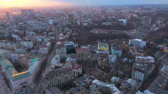 Aerial view of Old Historic Podil District, Dnipro River at sunset, Kyiv, Ukraine