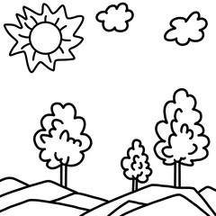 Landscape in cartoon style on a white background. Black and white illustration of a landscape with trees, sun and clouds. Illustration for coloring books, prints and postcards.