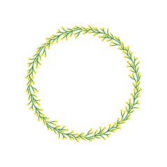 Beautiful wreath frame of mimosa flowers on a white background. Bright abstract wreath of yellow mimosa flowers. Isolated object for greeting cards, invitation and holiday design.