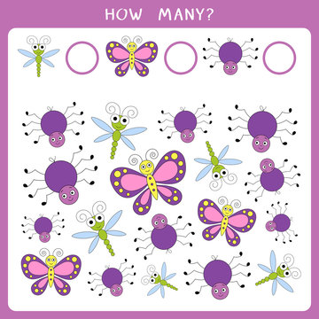 Educational Math Game For Kids. Count How Many Insects And Write The Result