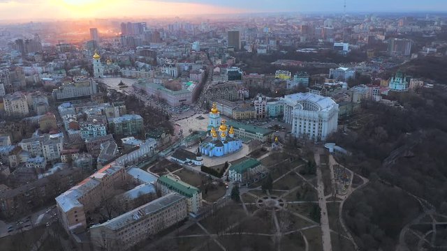 Aerial view of Old Historic Podil District, Dnipro River at sunset, Kyiv, Ukraine