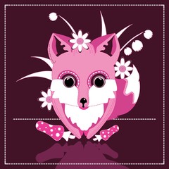 Pink fox with mushrooms and flowers at the background