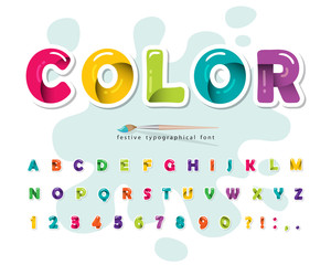 Cartoon modern colorful font. Creative paint ABC letters and numbers. Bright glossy alphabet. Paper cut out. For posters, banners, birthday cards. Vector