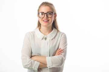 beautiful young woman in a shirt on a white background