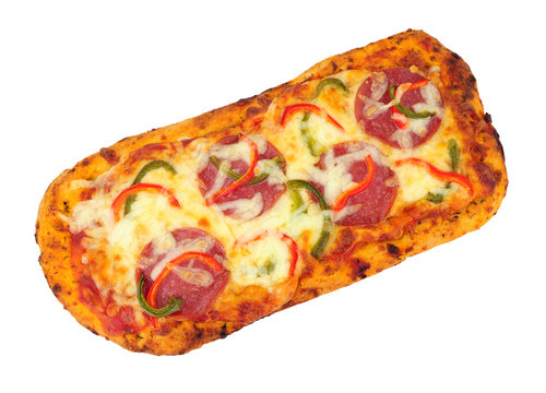 Pepperoni and cheese flat bread pizza isolated on a white background