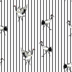 Little Isolated Black Tale Chinese Crane Birds on Narrow Vertical Stripes Background, Black and White Geometric Seamless Pattern