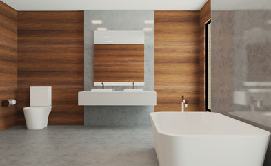 Fototapeta na wymiar Bathroom, wood, paneling, walls, modern, sink, marble, floor,. 3D rendering.