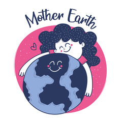 Mother Earth Day. Girl hug earth