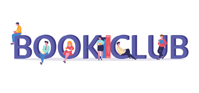 Vector logo concept of a book club with people reading. Illustration can use for landing page, web, mobile app, banner, poster, flyer, background